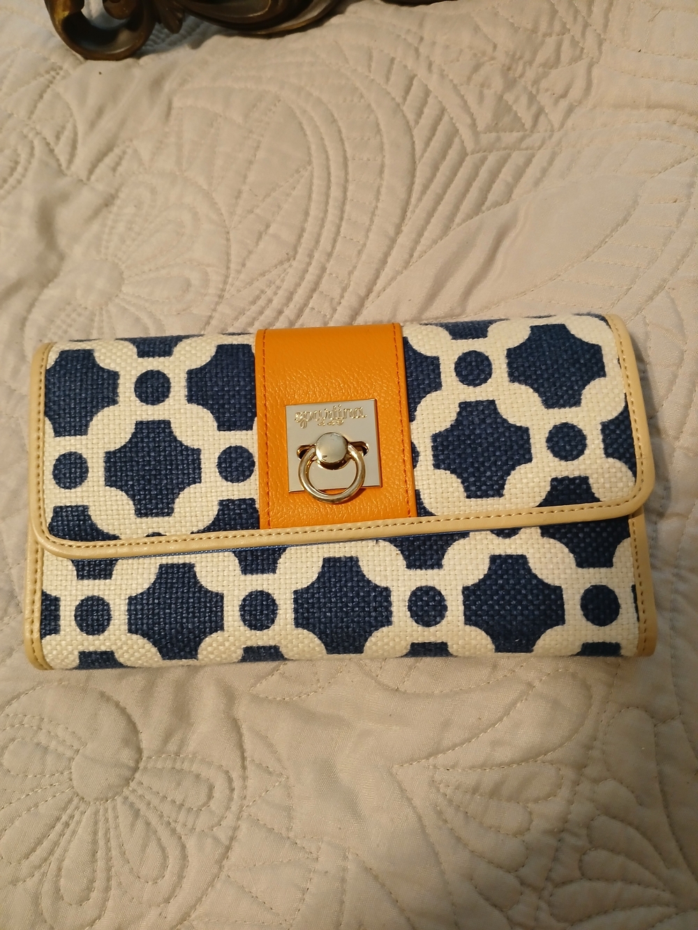 Spartina Geometric Linen Leather Wallet Blue & White